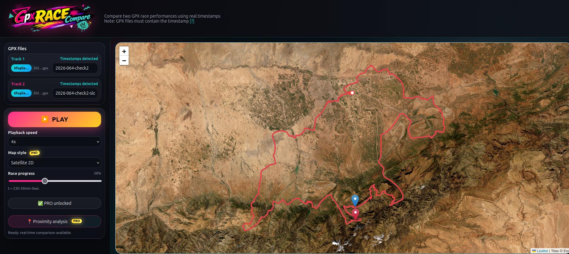 New GPX Race Compare features: proximity analysis, satellite maps and advanced race replay