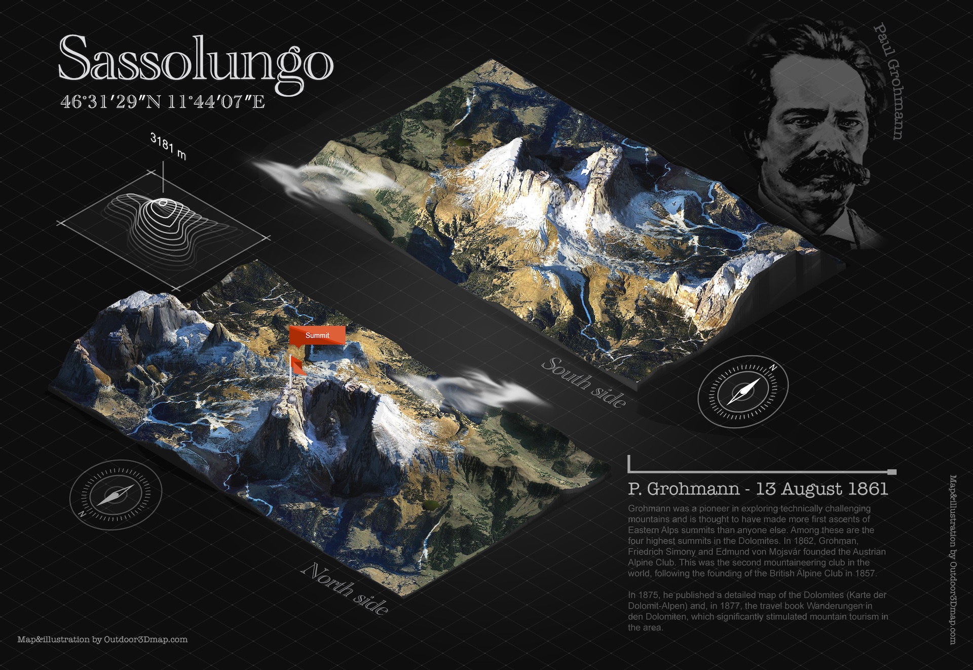 Dolomiti in 3D - Il Sasso lungo, illustrazione e mappa